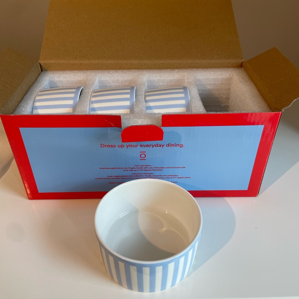 Striped Blue and White Cook and Serve Crock Bowls